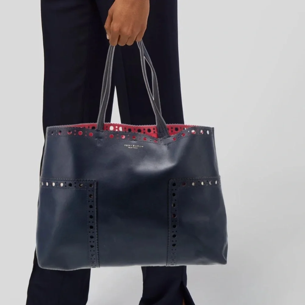 Tory Burch Block T Brogue Leather Tote Blue